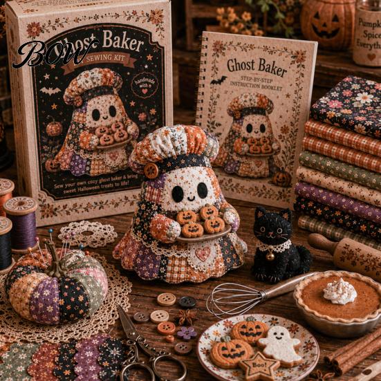Dekoratives Geister-Nähmuster Halloween Patchwork-Set, Niedliches Puppen-DIY-Set mit vorgeschnittenen gemütlichen Herbst-Kunstprojektstoffen, Herbstferien