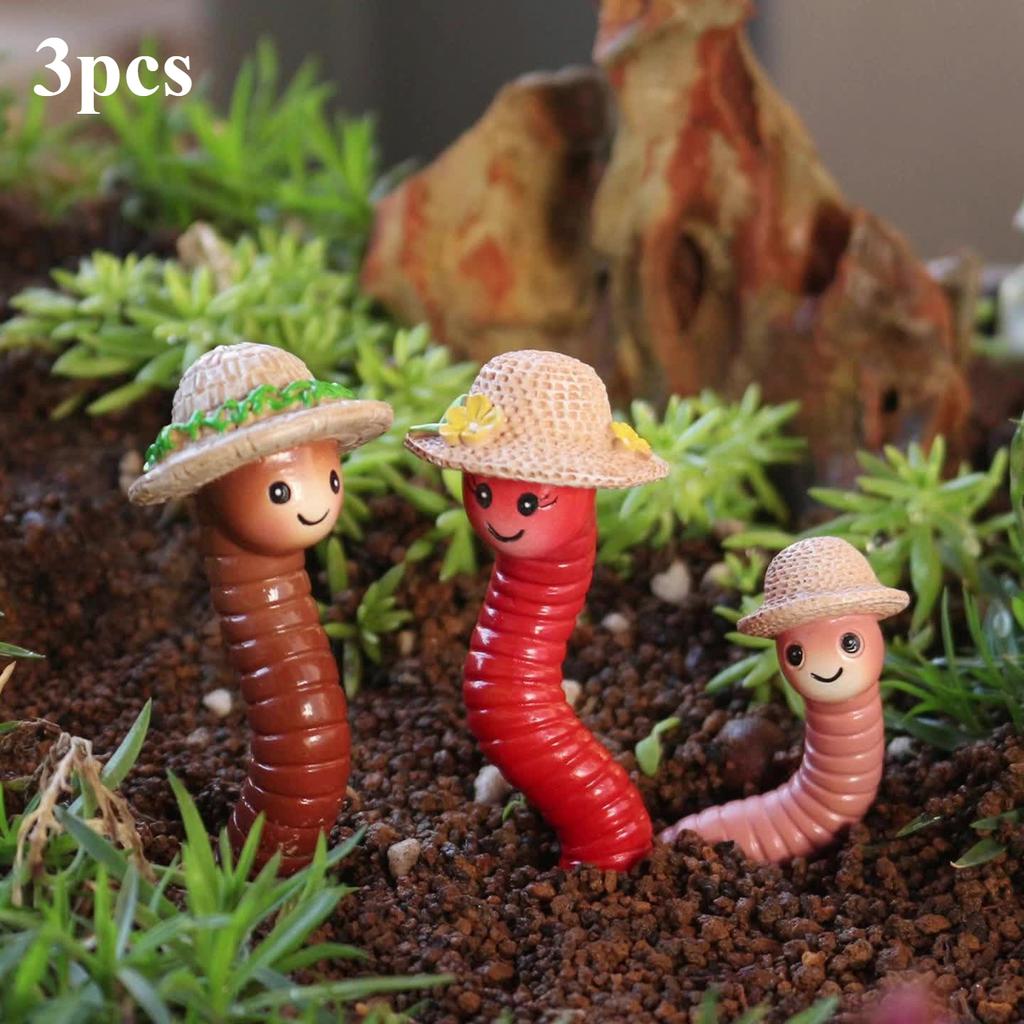 3pcs Adorable Earthworm Family with Straw Hats Resin Miniature Landscape Statues Garden Decoration Flower Pots Outdoor Ornaments