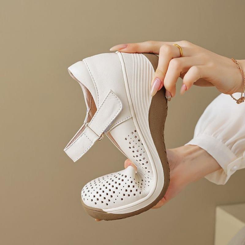 Retro wedge heel Velcro mother shoes women's autumn new hollow breathable women's shoes simple women's sandals