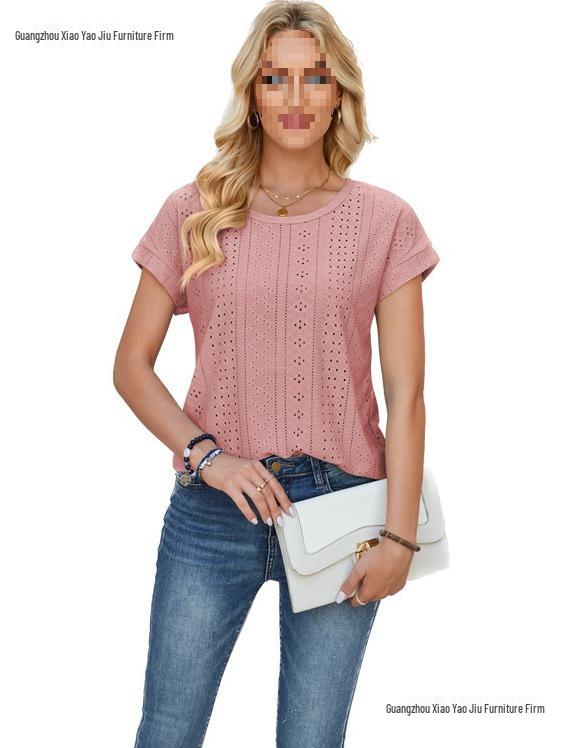 Spring & Summer Women's Loose Round Neck Eyelet Lace T-shirt