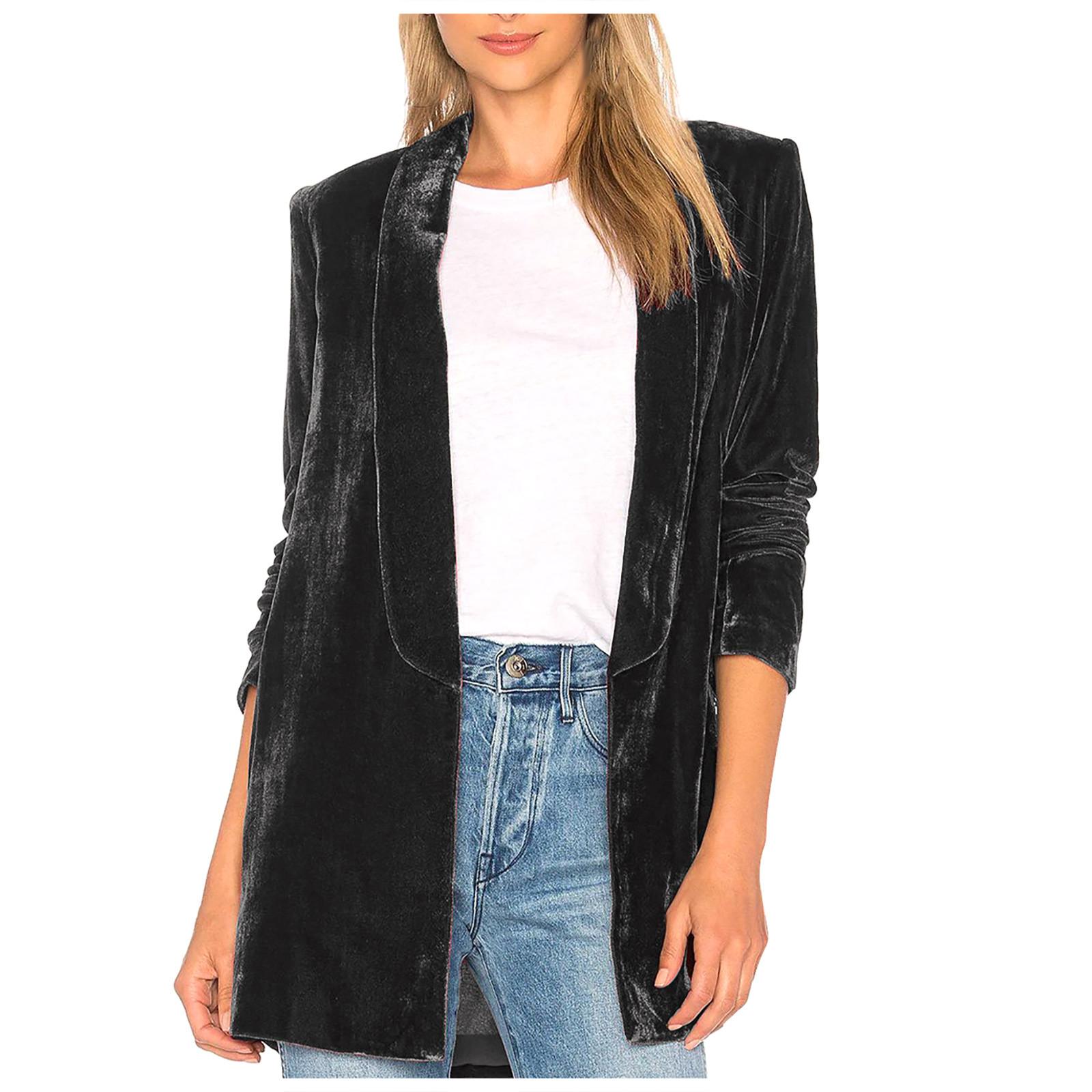 

Женская мода с длинным рукавом золотого бархата сплошной повседневный свободный кардиган пальто XXL чёрный