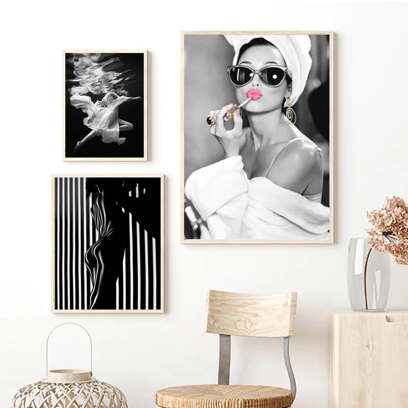 Black and White Underwater Woman, Canvas, Painting, Sexy Female Fashion Posters and Prints, Wall Art, Modern Home Decor