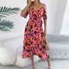 Women's Fashionable Off Shoulder Cross V-neck Flower Short Sleeve Printed Strap Holiday Dress