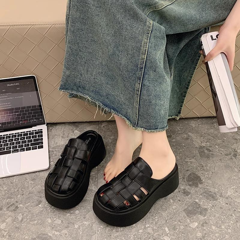 French woven baotou half slippers women's shoes spring and summer 2025 new muffin thick-soled hollowed-out versatile Roman sandals