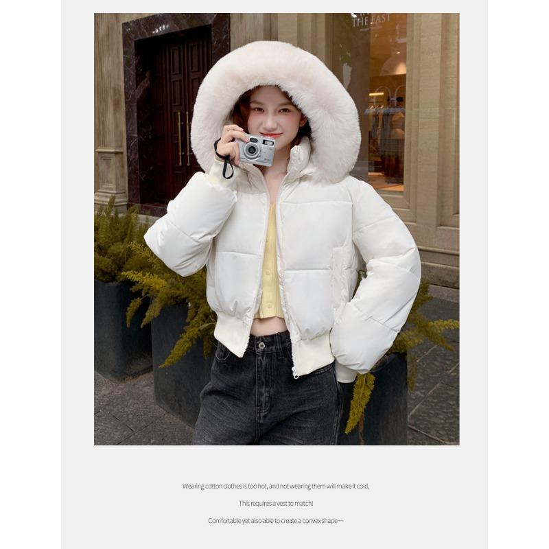 Short Women S Hooded Cotton Coat With Big Fur Collar Waist Tied Slim Fit