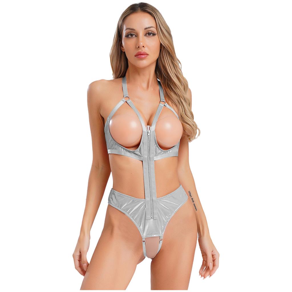 Womens Patent Leather Bodysuit Halter Style Rear Accent Hollow Out Design Naughty Romper Club Wear