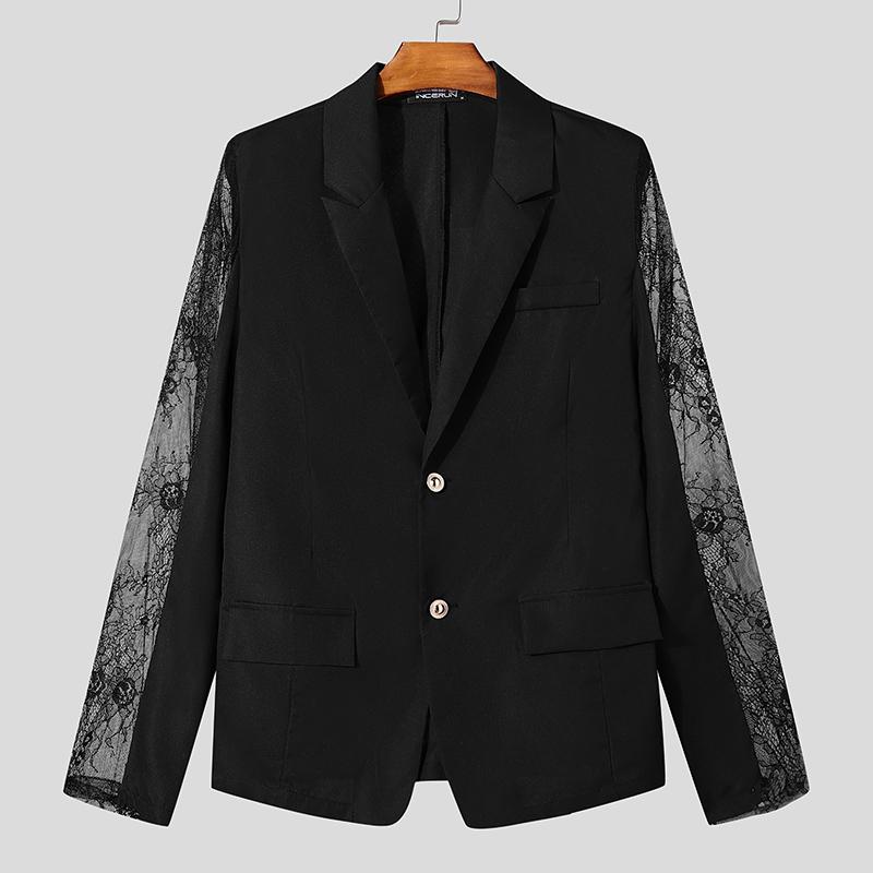 INCERUN Men Lapel Long Sleeve Lace Crochet Patchwork Party Blazer Coats