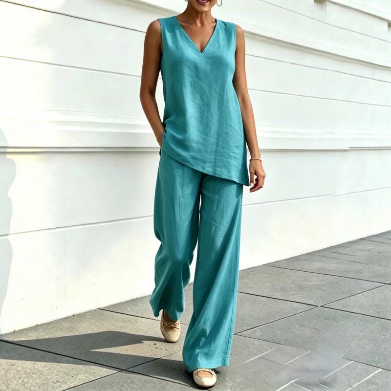 PEYWOW Costume de pantaloni casual de modă pentru femei, fără mâneci, cu decolteu în V