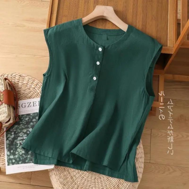 

Womens Solid Color Round Neck Sleeveless Henley Blouse M зелёный