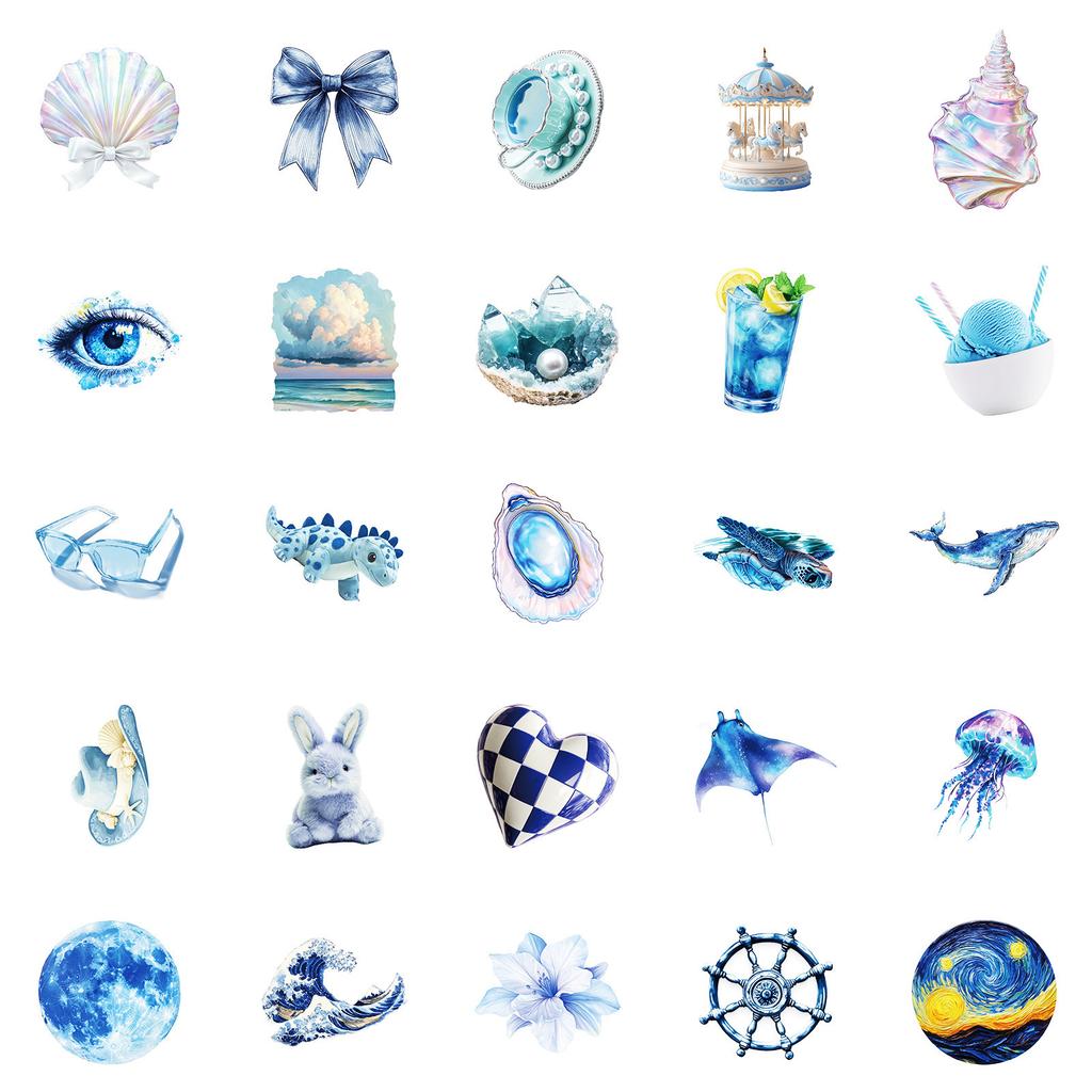 50 Dreamy Blue Graffiti Stickers Blue Planet Crystal Conch No Repetition Decorative Stickers