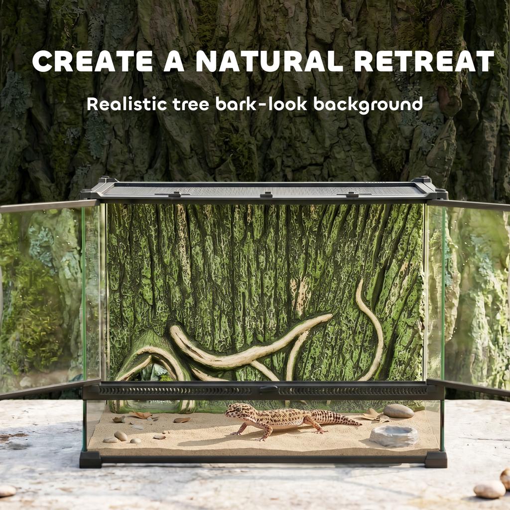 Reptile Glass Terrarium with Stone Background, Front Ventilation, Escape-Proof Knob Lock, 50 x 30 x 35 cm, Black