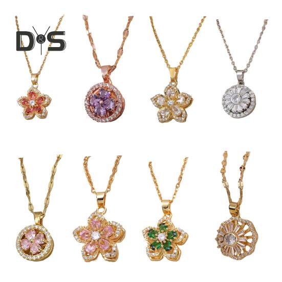 Rotatable Rhinestone Flower Pendant Necklace for Women Titanium Steel Shiny Cubic Zircon Flower Choker Wedding Party Jewelry