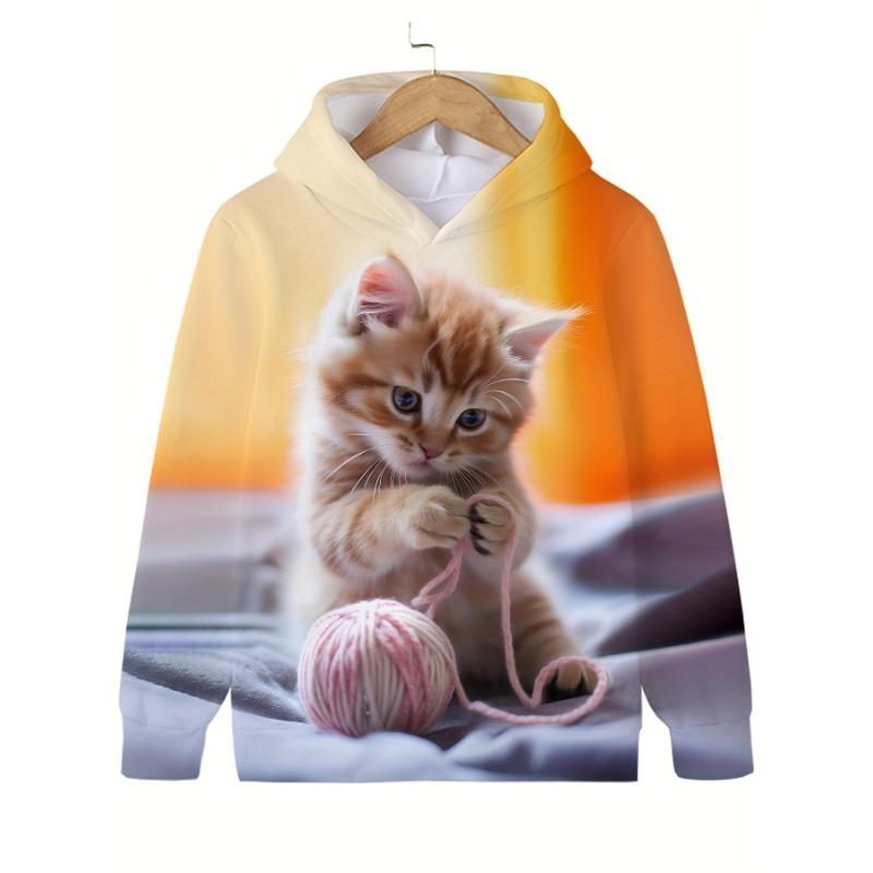 Bluzy z kapturem Długi rękaw Ubranka dla dzieci Dziewczynka Chłopiec Jesień Bluza z kapturem Kreskówka Kot 3D Nadruk Streetwear Dzieci Góra