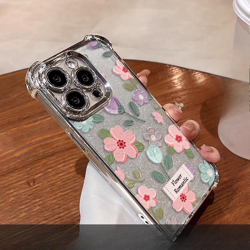 Ins Oil Painting Flowers Suitable for Apple 16e Mobile Phone Case Iphone15promax Electroplating 14 Anti-fall 13 High-end Sense