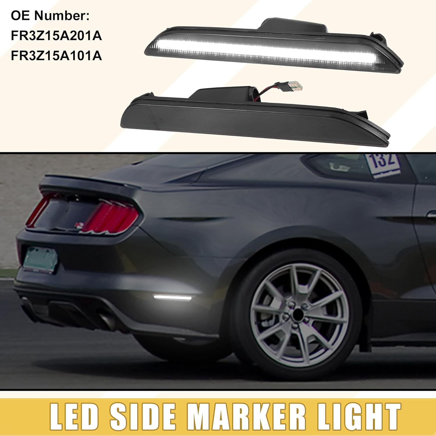 LED Side Marker Light FR3Z-15A201-A Rear Turn Signal Lights Fender Sidemarker Lamps for Ford for Mustang V6 Black Lens White LED Light 1 Pair