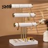 T-shaped Jewelry Holder 3 Tier Velvet Organizer, for Bracelet, Countertop Necklaces Rings, & Earrings, Stand with Storage Tray Tiered Organizer