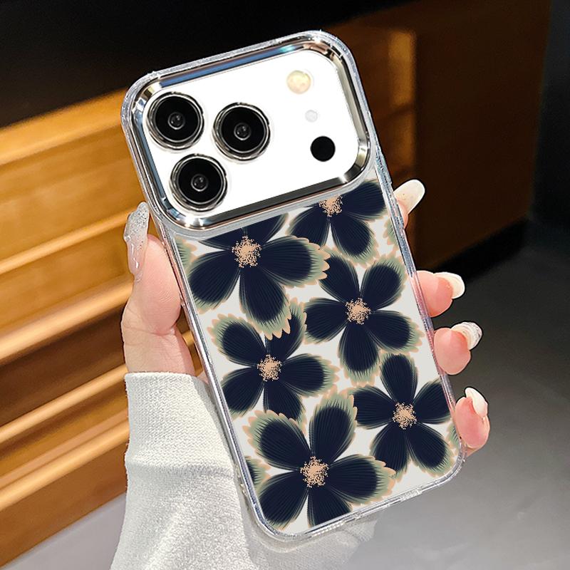 

Plating Lens Frame Case For iPhone 17 Pro Max Black Rose Floral Pattern Clear Soft Cover For iPhone 16 15 14 13 Pro Max 11 16E 17E iPhone 14 Pro MAX прозрачный