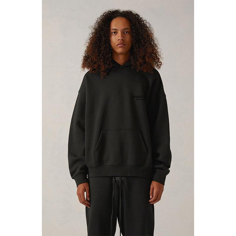 2022 Trendy Brand Essentials Black Flocking Hooded Sweatshirt with Front & Back Design