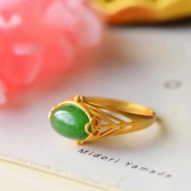 Natural Hetian Jasper Opening Adjustable Rings for Women Chinese Style Retro Unique Ancient Gold Craft Charm Brand Jewelry