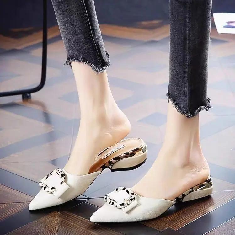 Fashion 2024 Outside Slides Flat Pointed Toe Leather Mules Low Heel Shoes Women's Slippers and Ladies Sandals Blue Chic Elegant I B W G