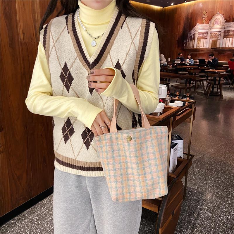 Chic Soft Leather Bento Bag Fresh Japanese Style Ins Korean Trendy Handbag With Cute Plaid Design