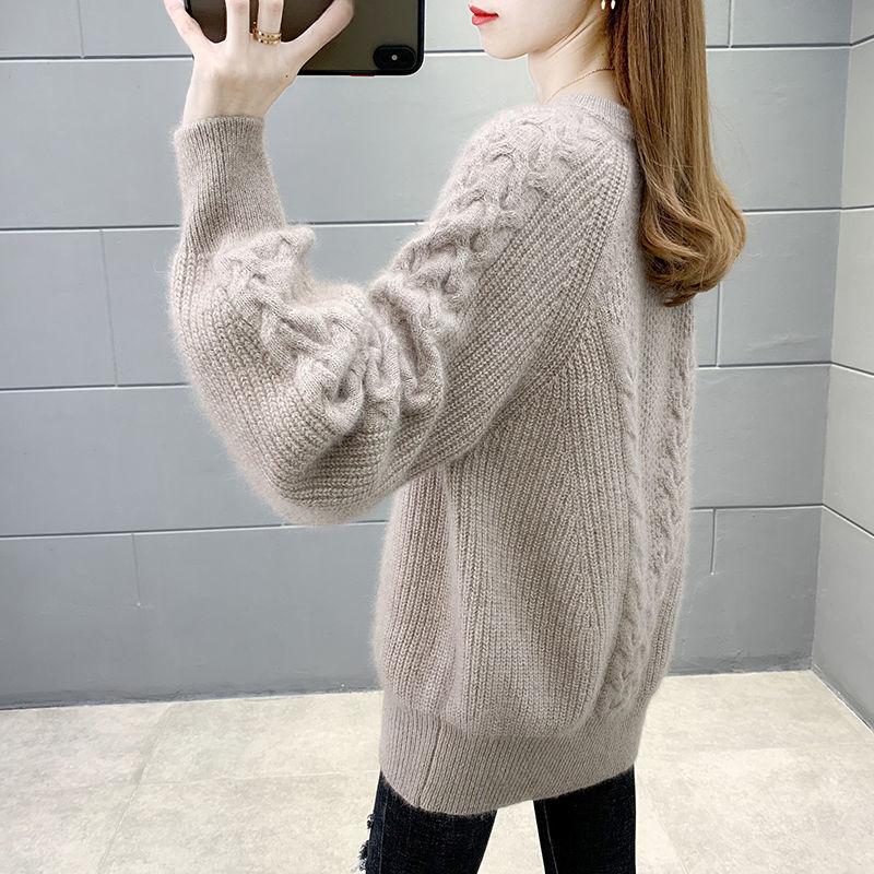 Maglione da Donna con Maniche a Lanterna Larghe Base Lavorata a Maglia Top a Fiore Intrecciato