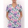 Womens V-Neck Short Sleeve Nursing Scrub Top With 3D Cartoon Print Comfortable Workwear Casual Medical Uniform
