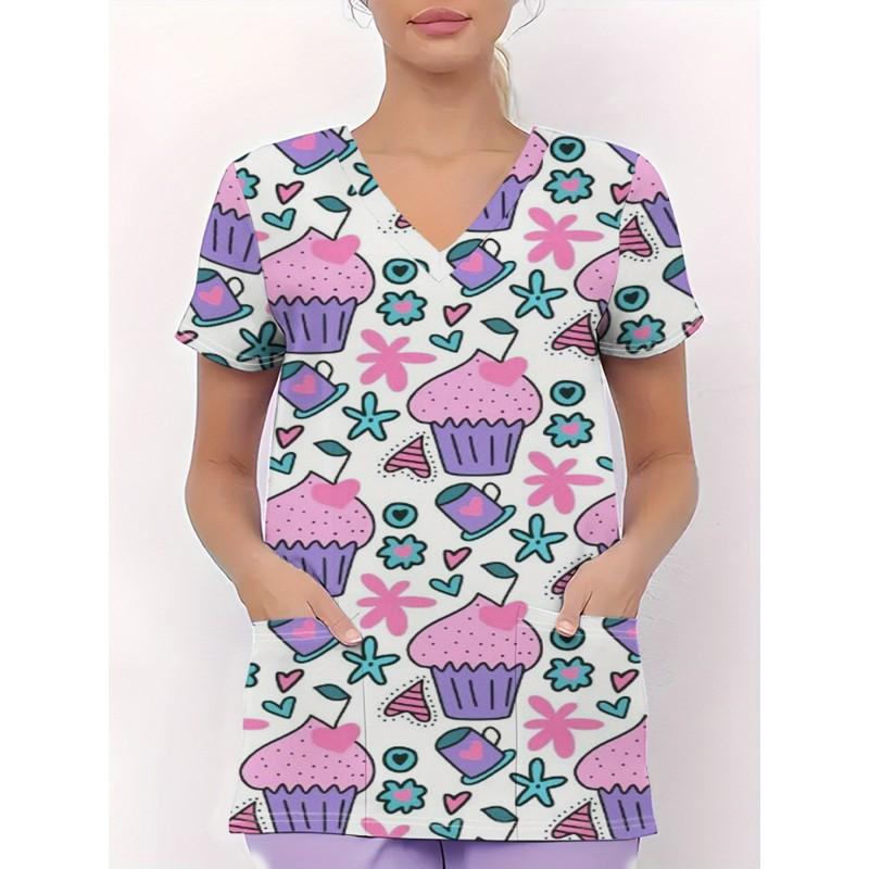 Womens V-Neck Short Sleeve Nursing Scrub Top With 3D Cartoon Print Comfortable Workwear Casual Medical Uniform