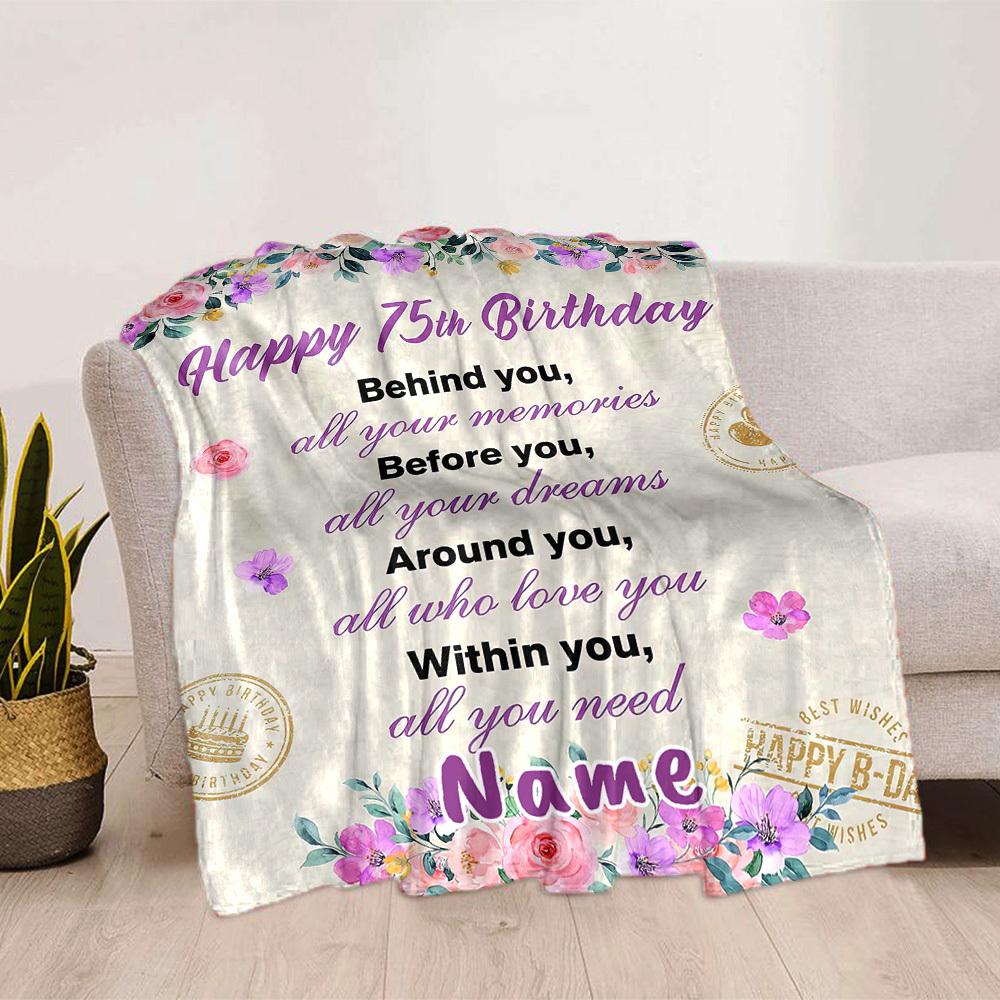 Happy 75Th Birthday Floral Personalized Blankets Soft Cozy Lightweight Allseason Multipurpose Blanket For Picnics Sofas Offices Beds Living Rooms