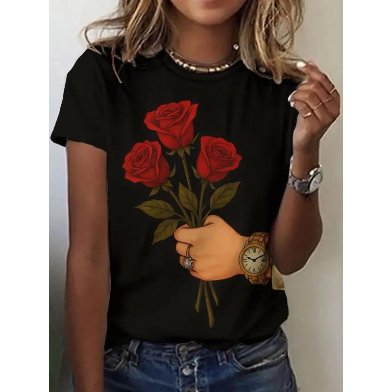 Fashion Women's Clothing Love Short Sleeve Crew Neck Short Sleeve Crew Neck T-Shirt 3D Love Rose Color Printing Rose Short Sleeve Tees