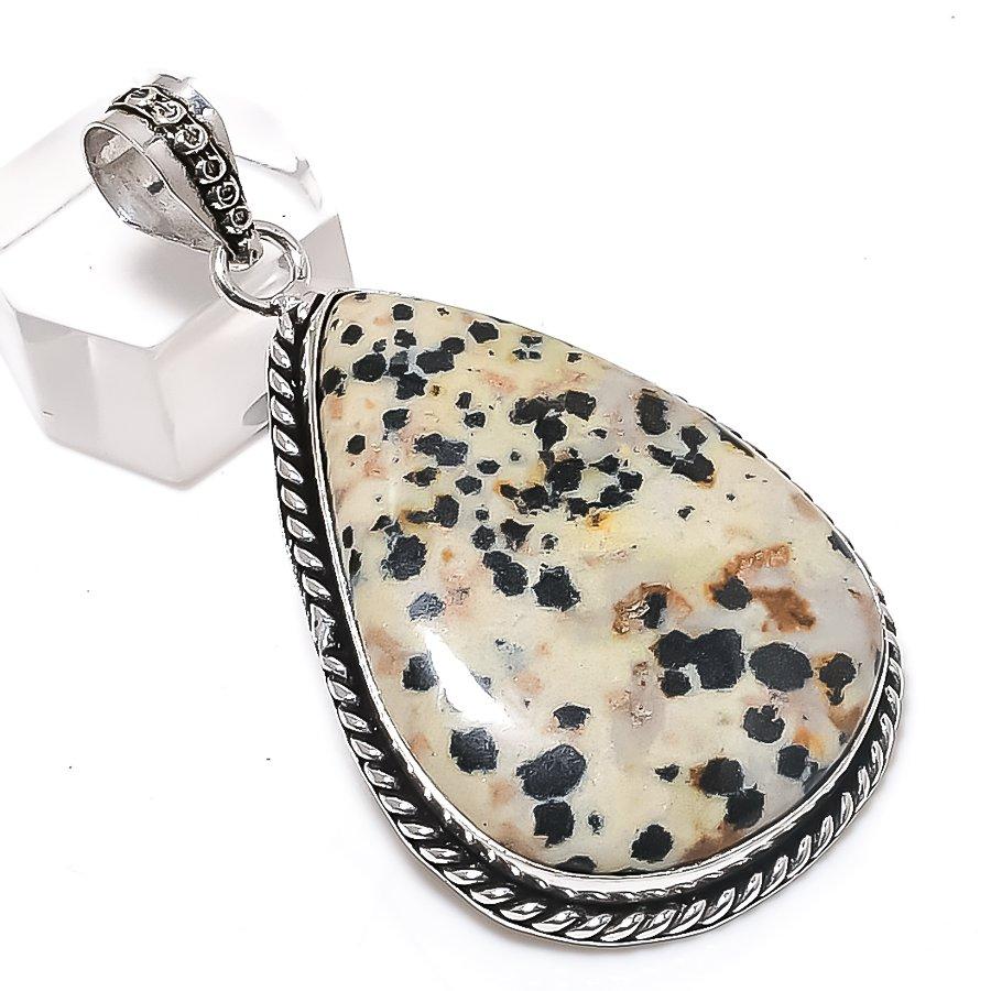 Natural Dalmation Jasper Gemstone 925 Sterling Silver Jewelry Pendant 2.36" n0l09