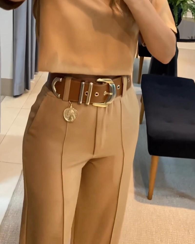 Set Casual de Camiseta de Manga Corta con Cuello Redondo y Color Sólido para Mujer Europea y Americana y Pantalones de Pierna Ancha