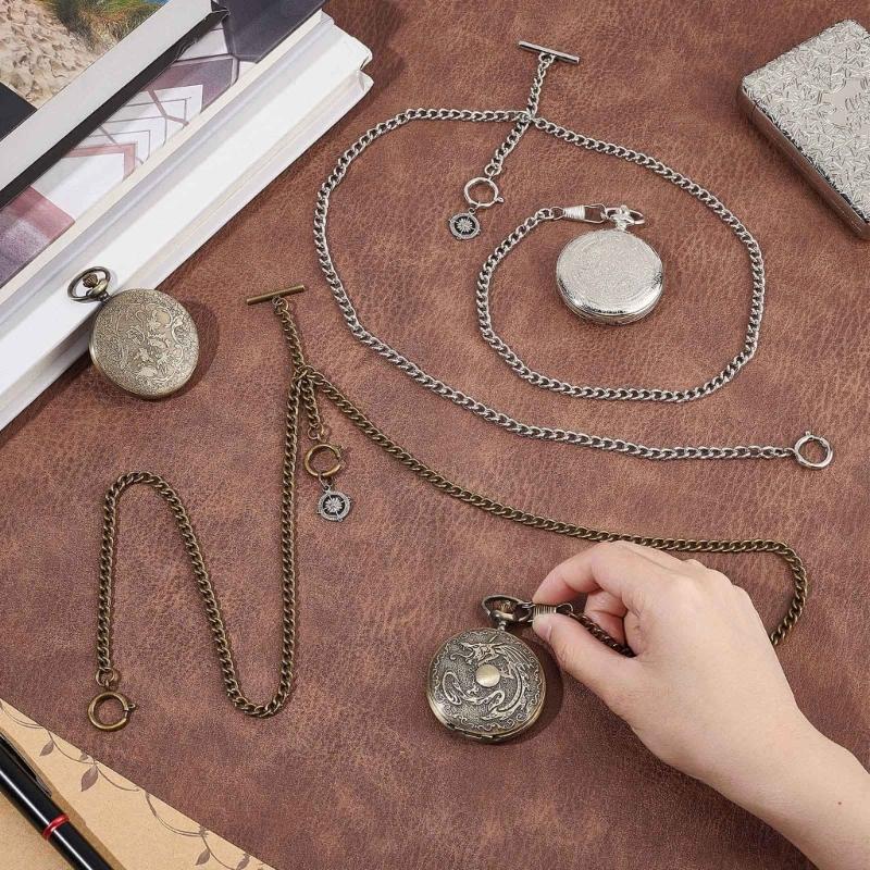 Men Double Albert Chain Pocket Watch Curb Link Classic Antique T-Bar Watch Chain for Pocket Watch Keys Pendants
