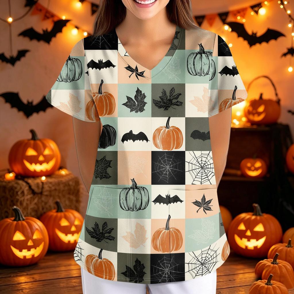 Loose Fit V Neck Short Sleeve Halloween Print Medical Scrub Top with Pockets for Women Nurses Caregivers Workwear