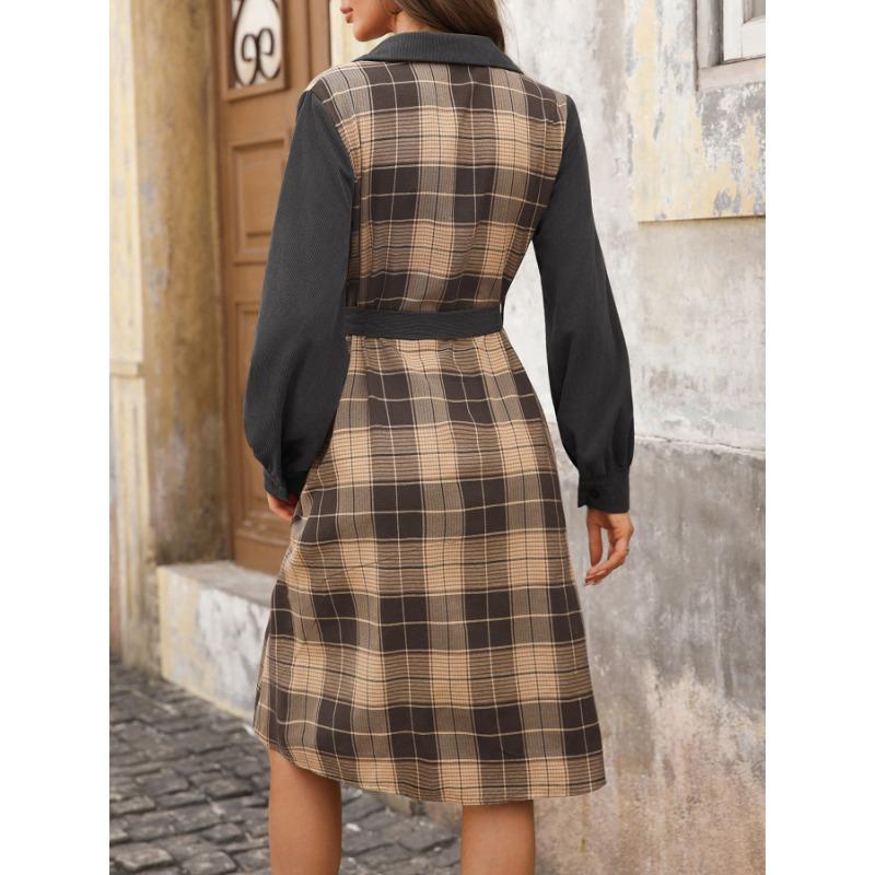 YYFS Damenmode Frühling Herbst Plaid Print Langarm POLO Hals Hohe Taille Freizeitkleider