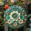 Aluminum Welcome Sign Floral Teal White Round Waterproof Wall Decor Door Hanger