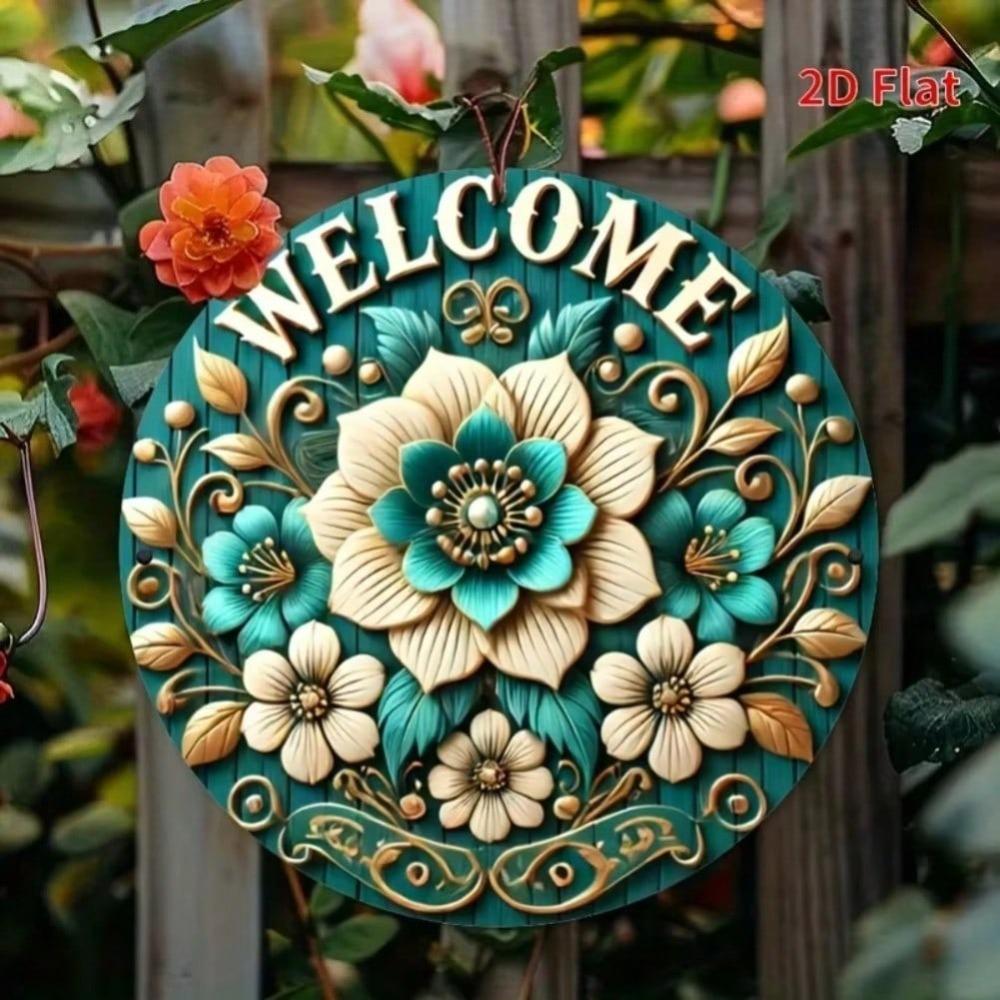 Aluminum Welcome Sign Floral Teal White Round Waterproof Wall Decor Door Hanger