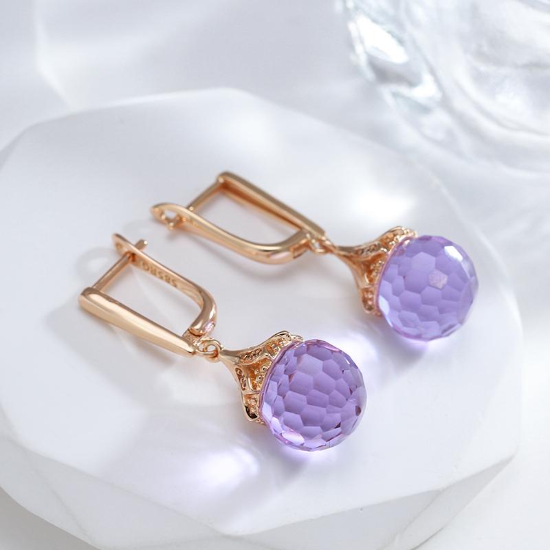 New Fashion Rose Gold Round Purple Crystal Ball Drop Earrings For Women Wedding Party Luxury Trendy Daily Jewelry