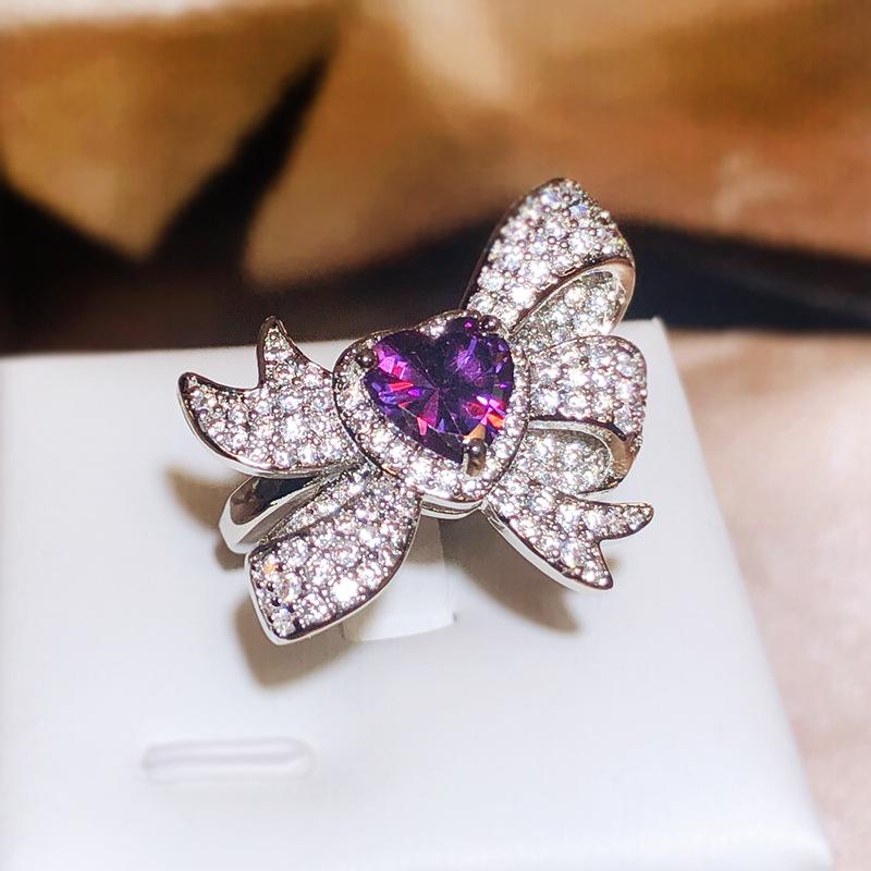 Silver Exaggerated Sapphire Creative Bow Ring Vivid Bright Luxurious Inlaid Butterfly Ring Party Gift