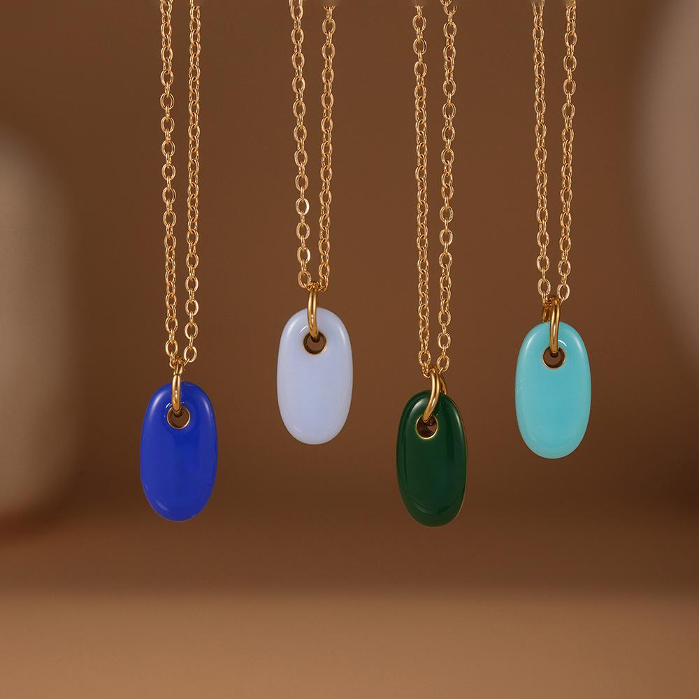 Morandi Color Oval Enamel Drop Pendant Necklace, Simple & Elegant Clavicle Layer, Stainless Steel Chain, Non-Fading.