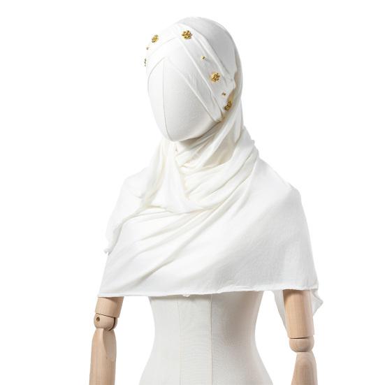 Headscarf Hat with Bright Bead Pleated Design Solid Color Shawl
