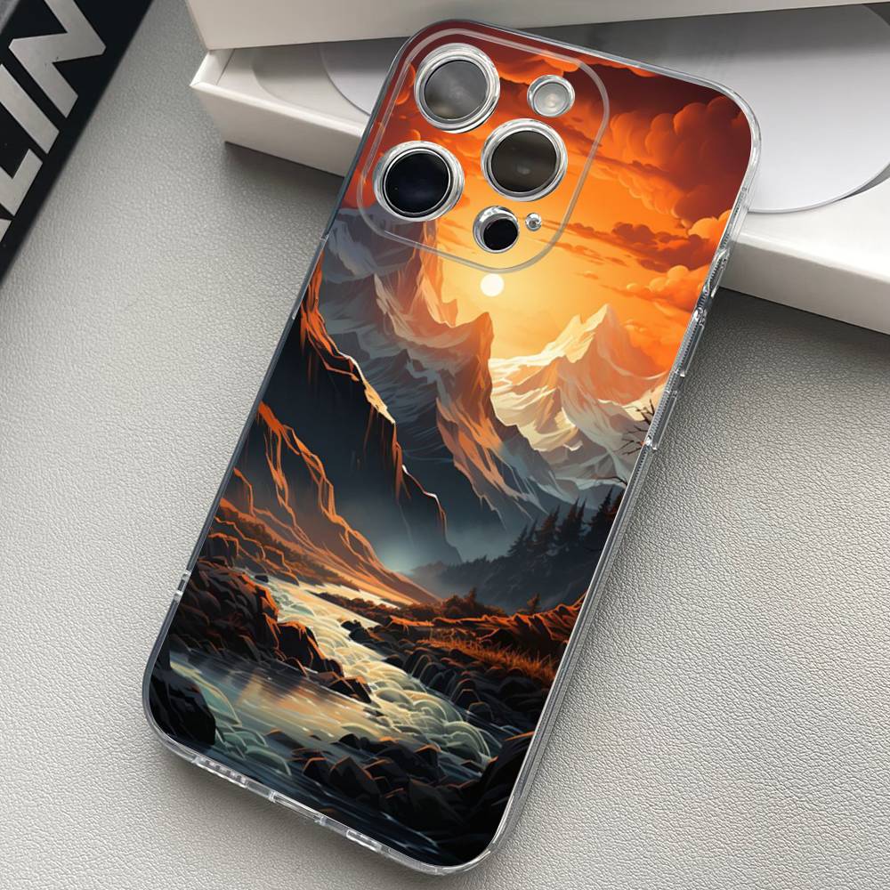Landscape Painting Transparent Back Phone Case For iPhone 17 16 15 13 12 11 14 Pro Max Mini Plus Silicone Bumper