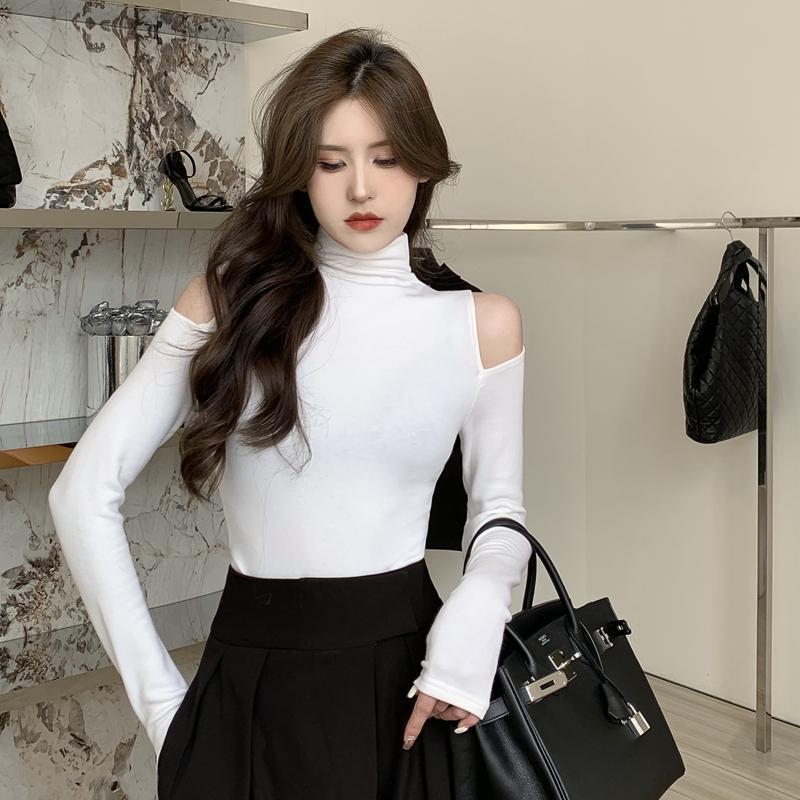 Herbst Neues Modisches Rollkragen Unterhemd Damen Langarm T-Shirt Off-Shoulder Design Top