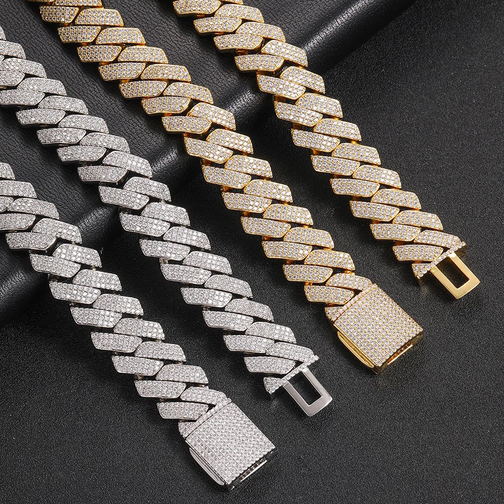 European & American 20mm Rhombus Cuban Link Zirconia Hip Hop Necklace & Bracelet for Men