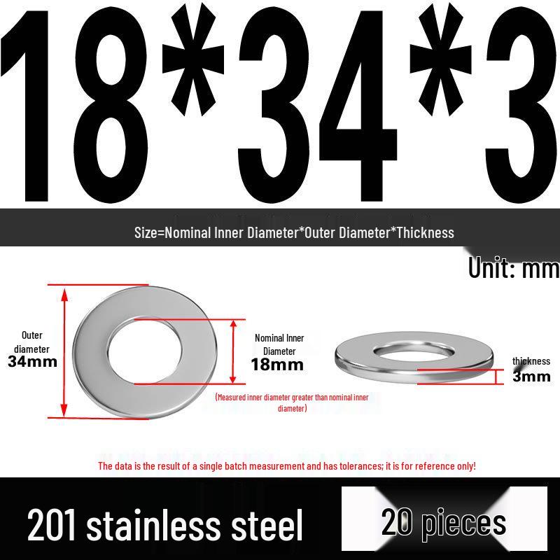 201 Stainless Steel Flat Washer Shim, GB97, Sizes M3 to M30