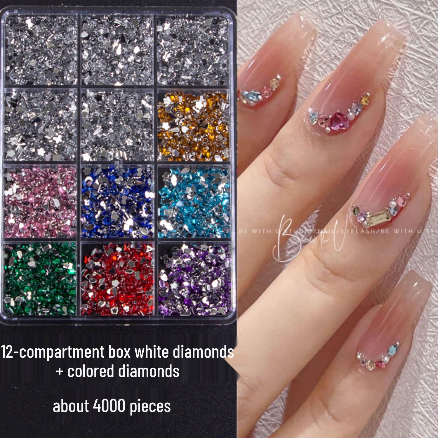 12-Grid Rhinestone Nail Art Set: Mixed Flat-Back Shaped and Pearl White Rhinestones