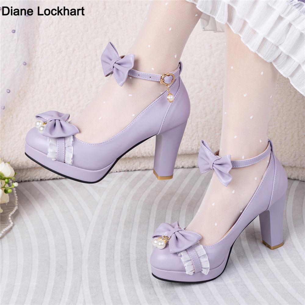 Fashion Spring Ankle Strap Women High Heels Mary Jane Pumps Party Wedding Cosplay White Pink Black Bow Princess Cosplay Lolita Shoes