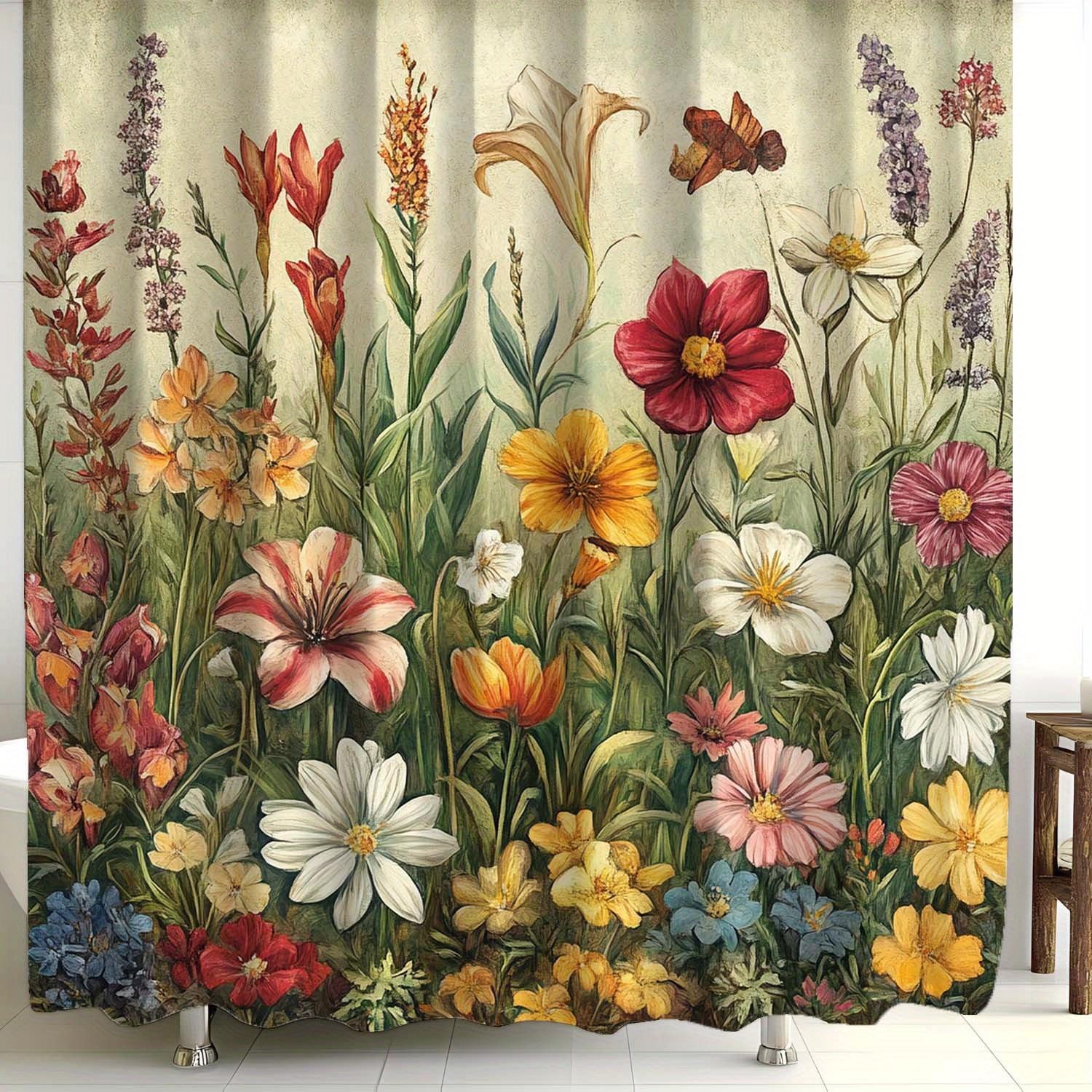 

Vintage Floral Shower Curtain - Colorful Garden Scene, Roses, Daisies & Lilies, 12 Hooks, Polyester, Machine Washable W60H190(CM)-1 Pcs