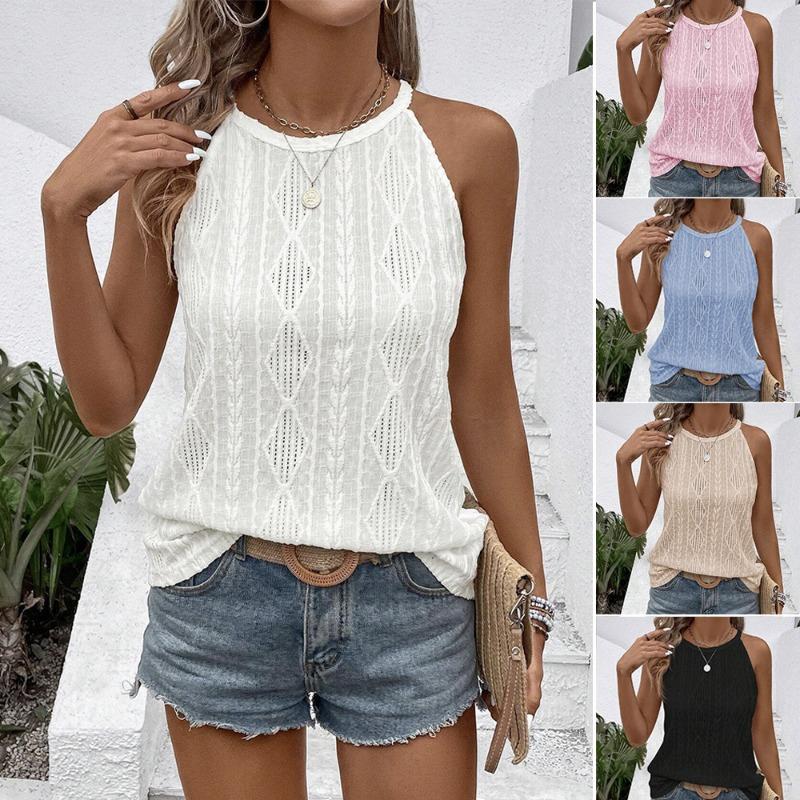 

2025 Летняя мода жаккардовая кружевная блузка на подтяжках женская модная элегантная рубашка без рукавов однотонная женская ажурная повседневная простая блузка 3300 S белый