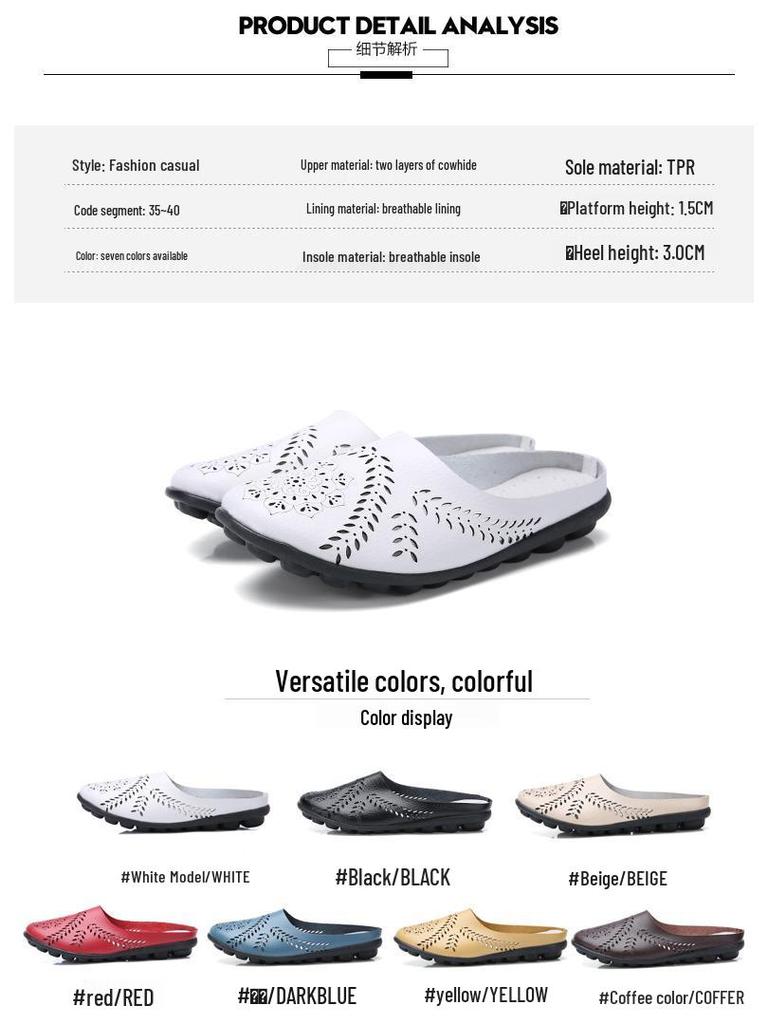 Spring/Summer Women's Genuine Leather Casual Low-Top Flat Slippers, Sizes 35-46, Plus Size Available